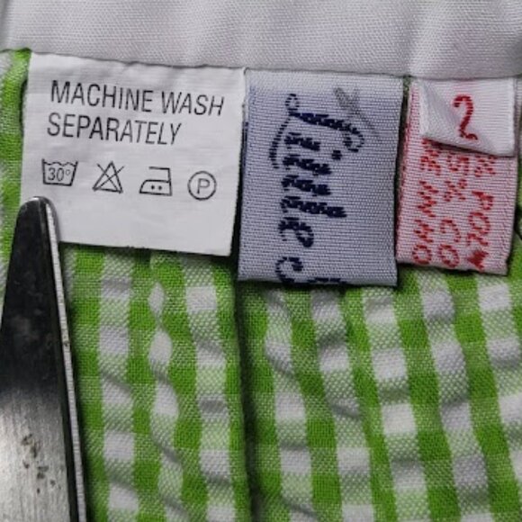 Girls Green and White Seersucker Smocked Dress w/ Seashell Print 2 - Picture 8 of 10